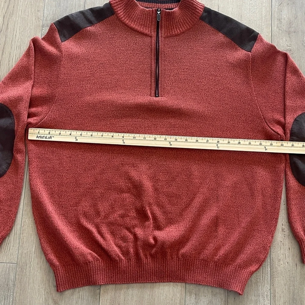 St Croix Quarter Zip Pullover Sweater Size L Wool Blend Orange Brown Elbow Patch
